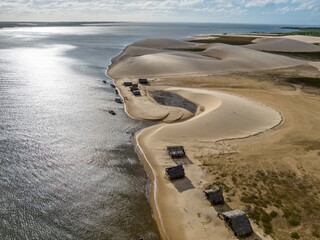 Aerial view of Parque da Dunas - Ilha das Canarias, Brazil. Huts on the Delta do Parnaíba and...
