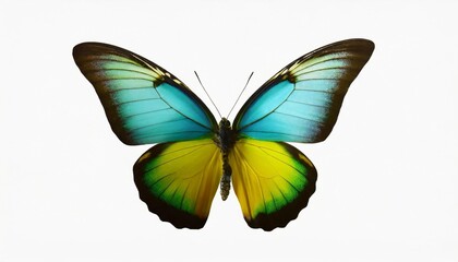 very beautiful blue yellow green butterfly in flight isolated on a transparent background