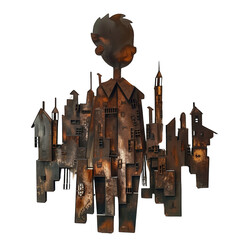 Metalowa rzeźba przedstawia mężczyznę stojącego obok budynków w tle. Detale rzeźby i architektura miejska są głównymi elementami obrazu
