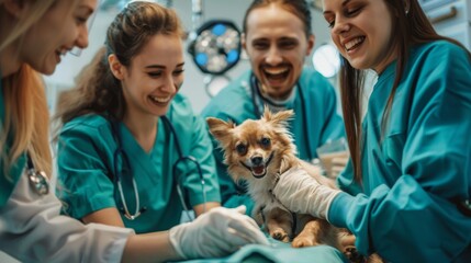 A veterinary team joyfully celebrating a successful surgery on a beloved pet, embodying dedication and professional excellence.