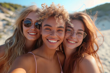 Three pretty young women on the beach take a group selfie.