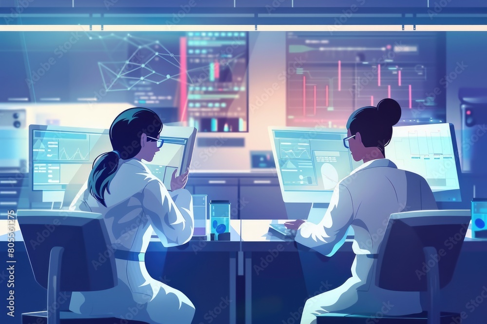 Poster two people working at a desk with computers. suitable for business or technology concepts