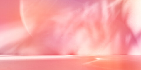 Empty table on bright pink wall background. Composition with leaves shadow on the wall and pink...