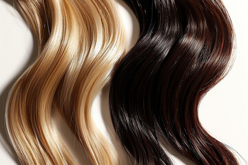 Fototapeta premium Curls of light and dark well-groomed hair on a white background. Hair care and hairdressing services concept. Generated by artificial intelligence