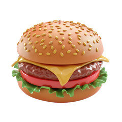 Burger icon 3D render isolated on white, transparent background PNG, cheeseburger, hamburger