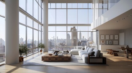 An airy living room in a minimalist home with floor-to-ceiling windows, allowing plenty of natural light to illuminate the space.