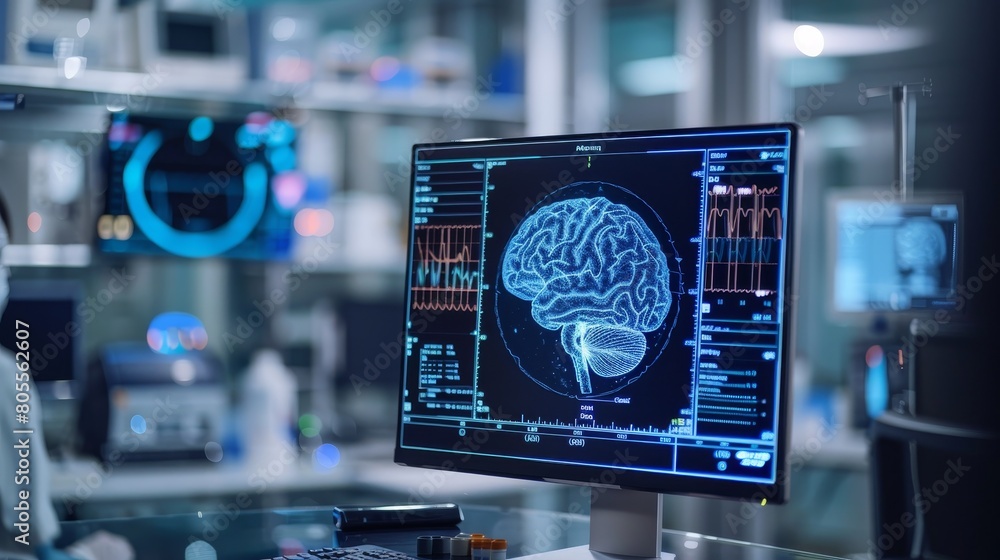 Poster brain testing result on digital interface on laboratory or surgery background