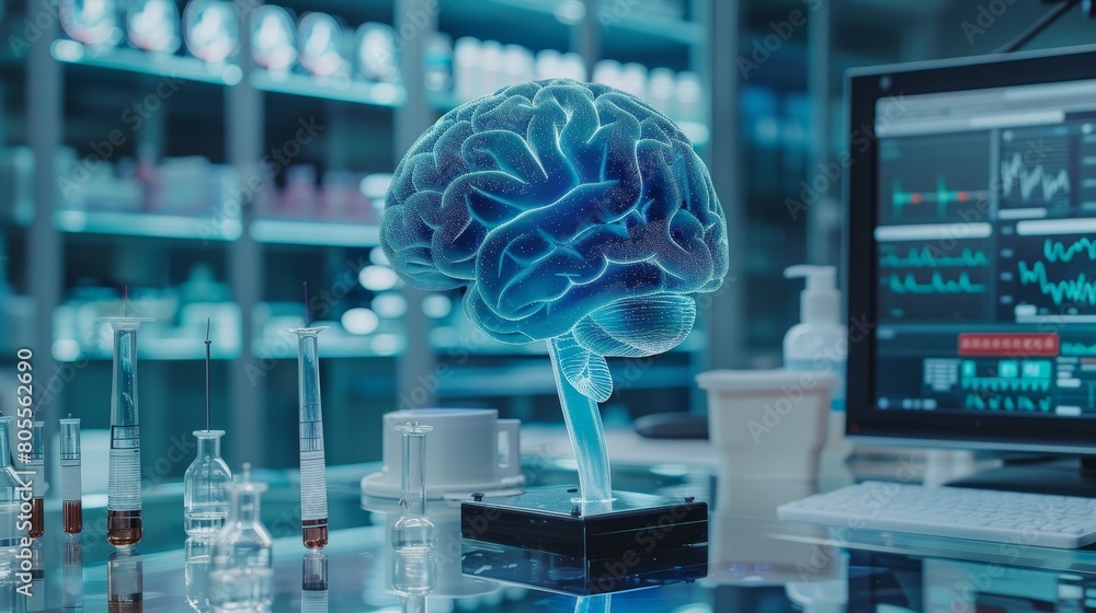 Poster brain testing result on digital interface on laboratory or surgery background
