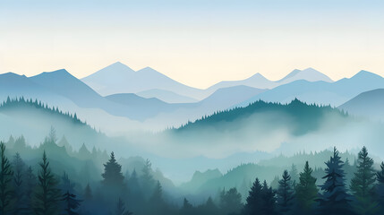 misty morning, mist covered hills with pine trees. field landscape. vector background