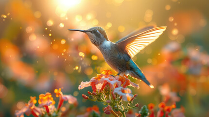 flying hummingbird surrounded by flowers in nature
