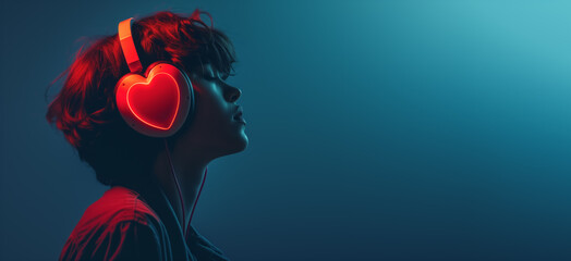 Young woman listening to music on heart shaped headphones, profile view, copy space at side....