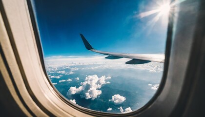 realistic photo view looking through an airplane window airplane wing and clouds seen through plane...