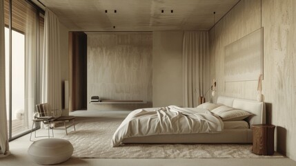 An elegant minimalist bedroom with a neutral color palette, luxurious textiles, and understated decor, exuding timeless sophistication.