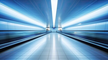 Blurred motion view of a futuristic tunnel with smooth curves and blue lighting, conveying a sense...