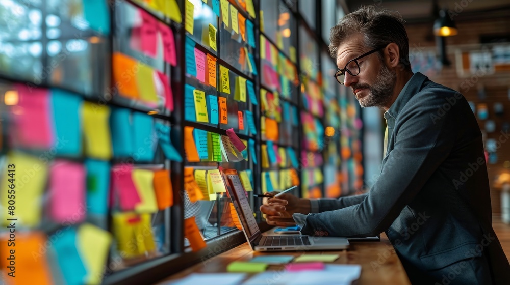 Poster man sitting at desk using laptop computer