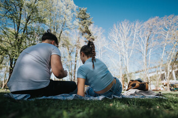 Two students sit on a blanket in a sunny park, engrossed in conversation with books and a backpack nearby.