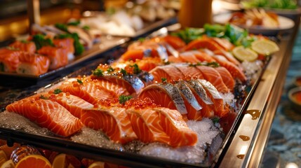 An enticing seafood buffet display featuring an array of sumptuous salmon delicacies, tempting guests with its gastronomic delights.