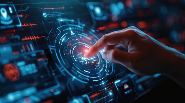 Cyber security and data protection on internet. Person touching virtual shield, secure access, encrypted connection. Password protected system and storage. Cybersecurity technology.