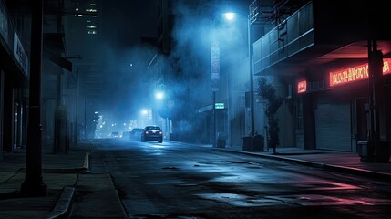 A moody nighttime scene on an urban street with atmospheric fog, illuminated by neon blue and red lights, featuring a silhouette of a person walking and industrial buildings lining the road.
