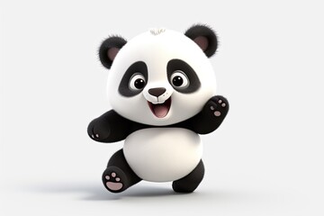 Fototapeta premium 3D cartoon illustration of a cheerful baby panda sitting on the ground with wide eyes and a big smile.