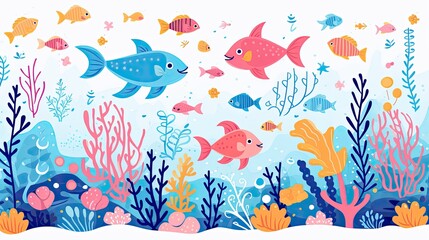 Colorful illustrated underwater scene with various playful fish, starfish, and aquatic plants on a white background.