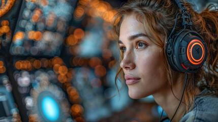 A female air traffic controler on training looking at computer screens.