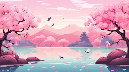 Illustration of a serene lake with cherry blossom trees on its banks, pink petals floating on the...