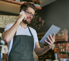 Man, barista and phone call for online order, communication and hospitality, take away and bistro...