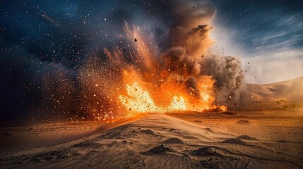 Fototapeta premium Detonation in desert sand with lots of smoke, fire and sparks at night Detonation in desert sand with lots of smoke, fire and sparks at night
