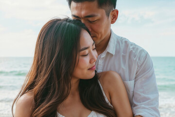 Asian couple is hugging on the beach, with the woman wearing a white dress. The man is kissing her forehead