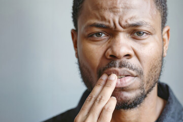 Fototapeta premium Afro man with a mustache is looking at the camera with a sad expression. He is holding his hand to his mouth, possibly because he has a toothache