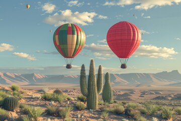 A group of colorful hot air balloons flying over a desert landscape. Great for travel or adventure concepts
