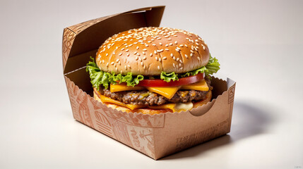 An open cardboard box containing a cheeseburger with two beef patties, cheese, lettuce, and tomatoes.