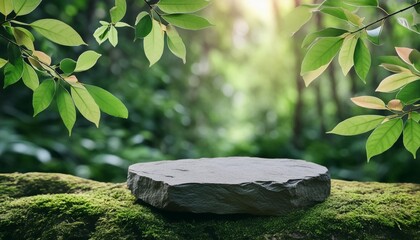 empty stone podium rock platform for product presentation with organic beauty nature close up forest background - Powered by Adobe