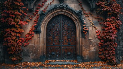 brown wooden church doors in autumn with wall overgrown in vines. 