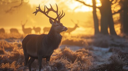 Majestic Deer at Sunrise in a Misty Forest, Golden Light, YouTube Thumbnail Design, Left Text Space