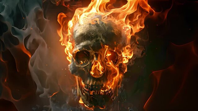 Fiery skull engulfed in intense flames on a dark background