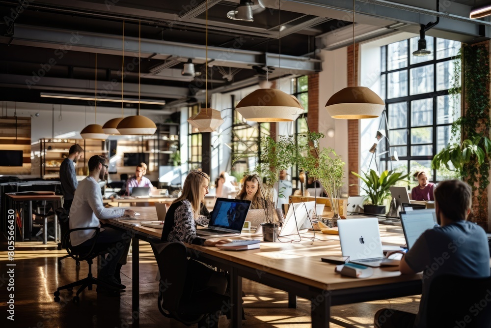 Poster modern office space with multiple people working at individual tables on laptops, in a room with lar