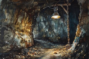 Fototapeta premium A painting of a tunnel with a hanging light. Suitable for industrial, architecture or mystery themes