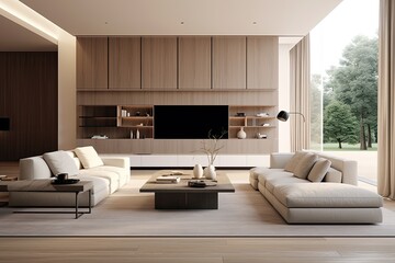 Modern living room with a large, low-profile beige sectional couch, a wooden coffee table with two small decor items, and a built-in wooden shelving unit with fireplace and decorations