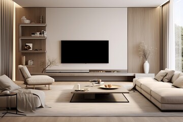 Modern living room with a large, low-profile beige sectional couch, a wooden coffee table with two small decor items, and a built-in wooden shelving unit with fireplace and decorations