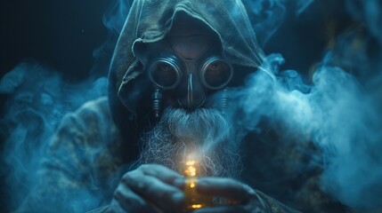 fantasy alchemist character in goggles in a room filled with smoke. - obrazy, fototapety, plakaty