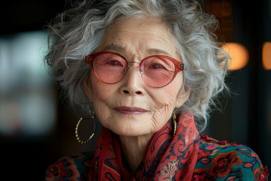 Close-up portrait of an elderly Asian woman with elegant red glasses portrays serenity and wisdom