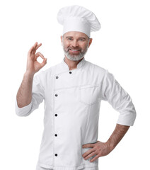 Happy chef in uniform showing OK gesture on white background