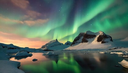 northern lights majestic aurora borealis over icebergs snow mountains and lakes in polar regions generative ai