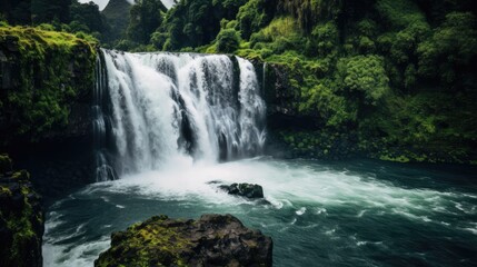 Fototapeta premium A majestic waterfall with a wide cascade, surrounded by lush green forests, mist rising from where the water crashes into the river below.