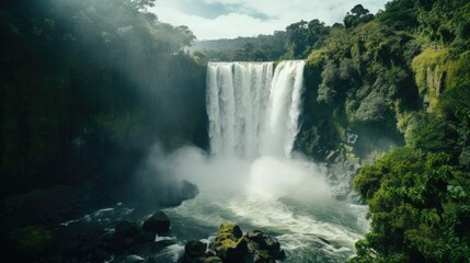 A majestic waterfall with a wide cascade, surrounded by lush green forests, mist rising from where the water crashes into the river below.