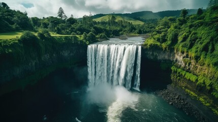 Fototapeta premium A majestic waterfall with a wide cascade, surrounded by lush green forests, mist rising from where the water crashes into the river below.