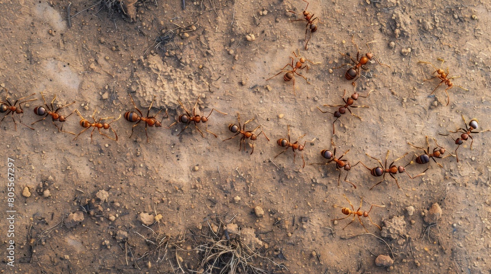 Poster An overhead view of industrious ants marching in a straight line, transporting food to their nest with remarkable efficiency.