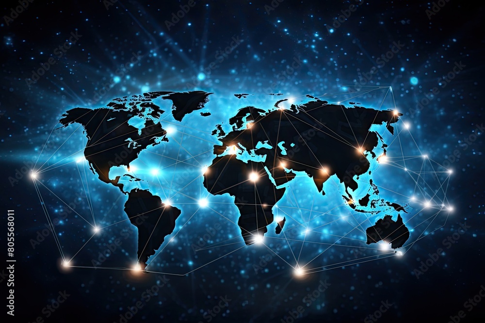 Fototapete a digital illustration of a map of the world with glowing connections and nodes placed on different 
